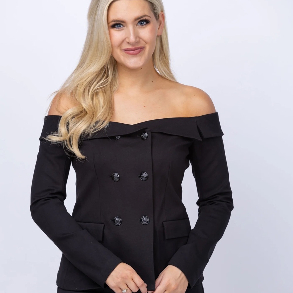L' Agence Stephan Off-Shoulder Black Double-Breasted stretch Jacket XS - Picture 3 of 10